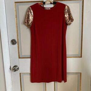 Danny & Nicole Brick Red Shift Dress with Short Puff sleeves  a sequined animal